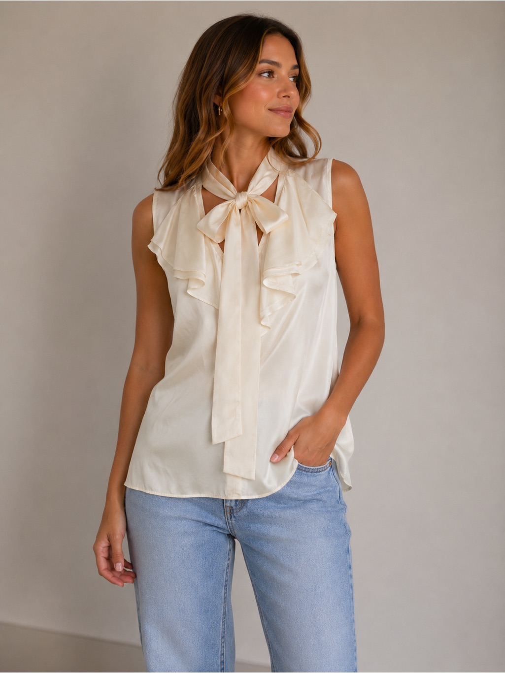 Banana Republic Cream Ruffle V-Neck Sleeveless Silk Blouse